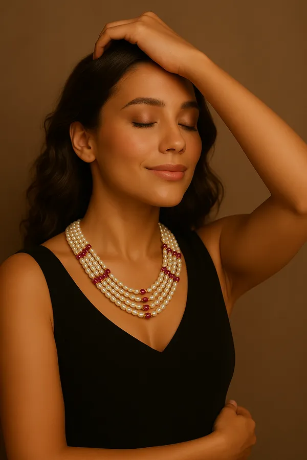 Multi_Strand_Rice_Pearl_Necklace_With_Ruby_And_Gold_Beads_|_Festive_Ethnic_Jewelry_For_Women_And_Girls