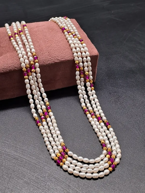 Multi_Strand_Rice_Pearl_Necklace_With_Ruby_And_Gold_Beads_|_Festive_Ethnic_Jewelry_For_Women_And_Girls
