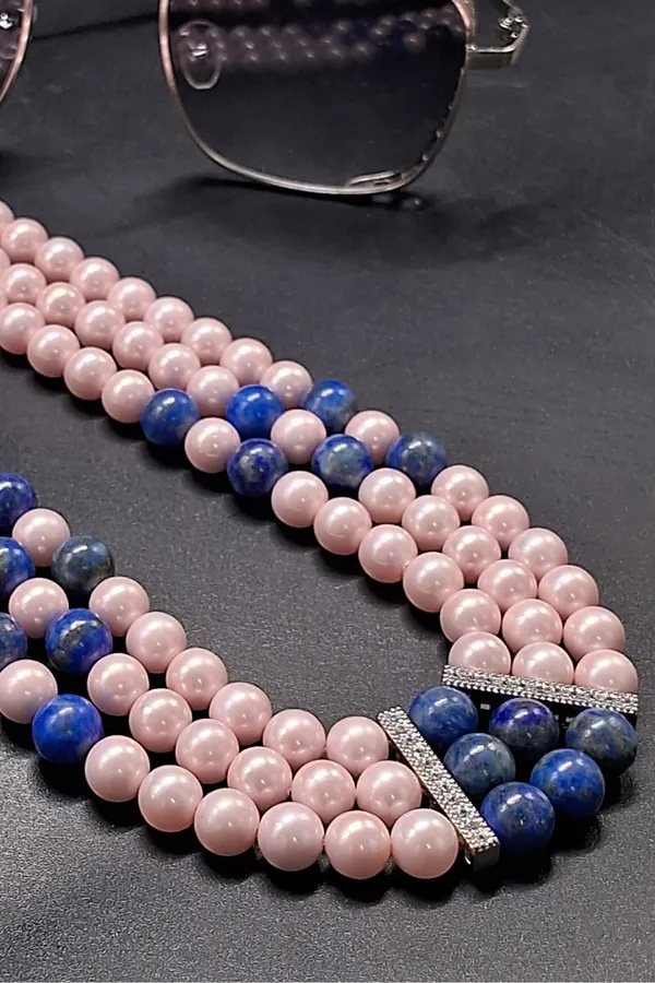 Triple_Strand_Pink_Pearl_And_Blue_Gemstone_Beaded_Necklace_|_Elegant_Natural_Jewelry_For_Women_And_Girls