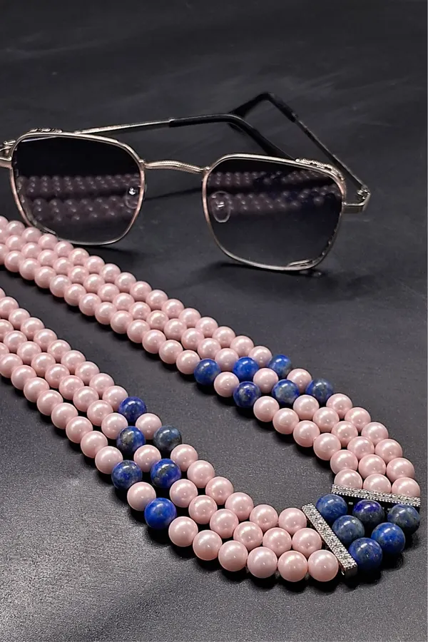 Triple_Strand_Pink_Pearl_And_Blue_Gemstone_Beaded_Necklace_|_Elegant_Natural_Jewelry_For_Women_And_Girls