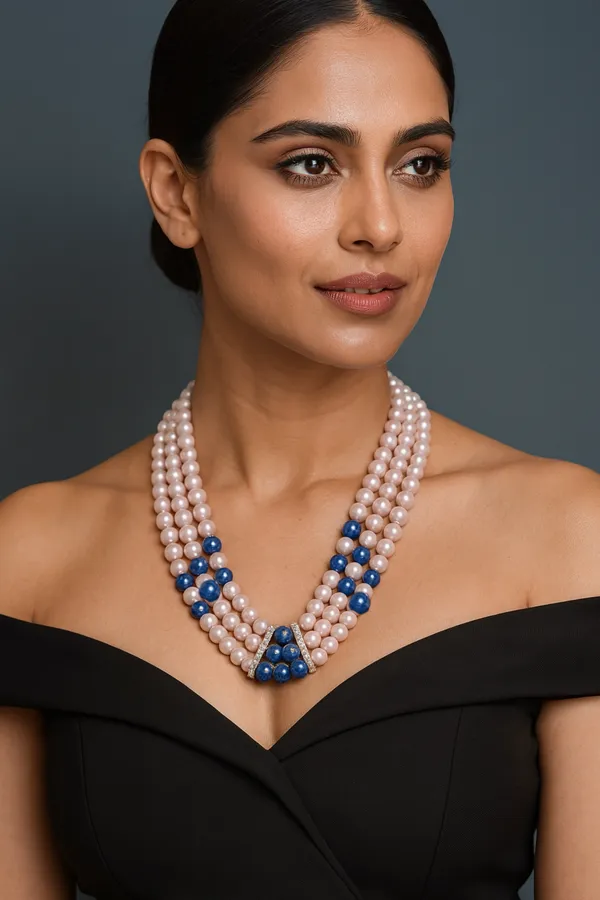 Triple_Strand_Pink_Pearl_And_Blue_Gemstone_Beaded_Necklace_|_Elegant_Natural_Jewelry_For_Women_And_Girls