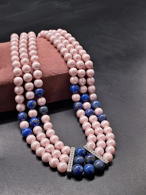 Triple_Strand_Pink_Pearl_And_Blue_Gemstone_Beaded_Necklace_|_Elegant_Natural_Jewelry_For_Women_And_Girls