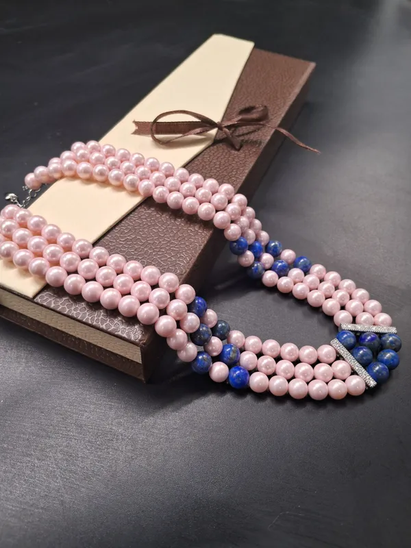Triple_Strand_Pink_Pearl_And_Blue_Gemstone_Beaded_Necklace_|_Elegant_Natural_Jewelry_For_Women_And_Girls