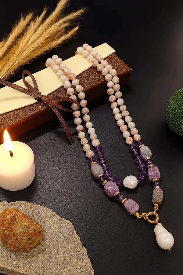 Handcrafted_Pink_Opal_And_Amethyst_Necklace_With_Baroque_Pearl_Pendant_|_Elegant_Multi_Strand_Gemstone_Jewelry_For_Women_And_Girls