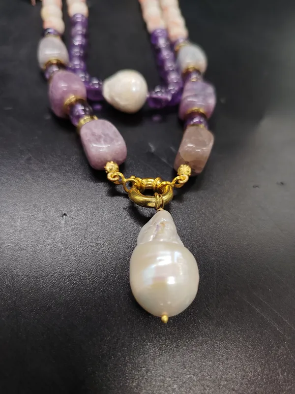 Handcrafted_Pink_Opal_And_Amethyst_Necklace_With_Baroque_Pearl_Pendant_|_Elegant_Multi_Strand_Gemstone_Jewelry_For_Women_And_Girls
