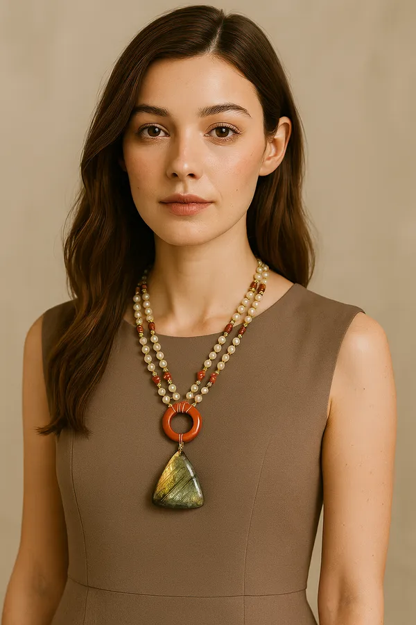 Handcrafted_Double_Strand_Gemstone_Necklace_With_Red_Donut_And_Labradorite_Pendant_|_Gemstone_Jewelry_For_Women_And_Girls