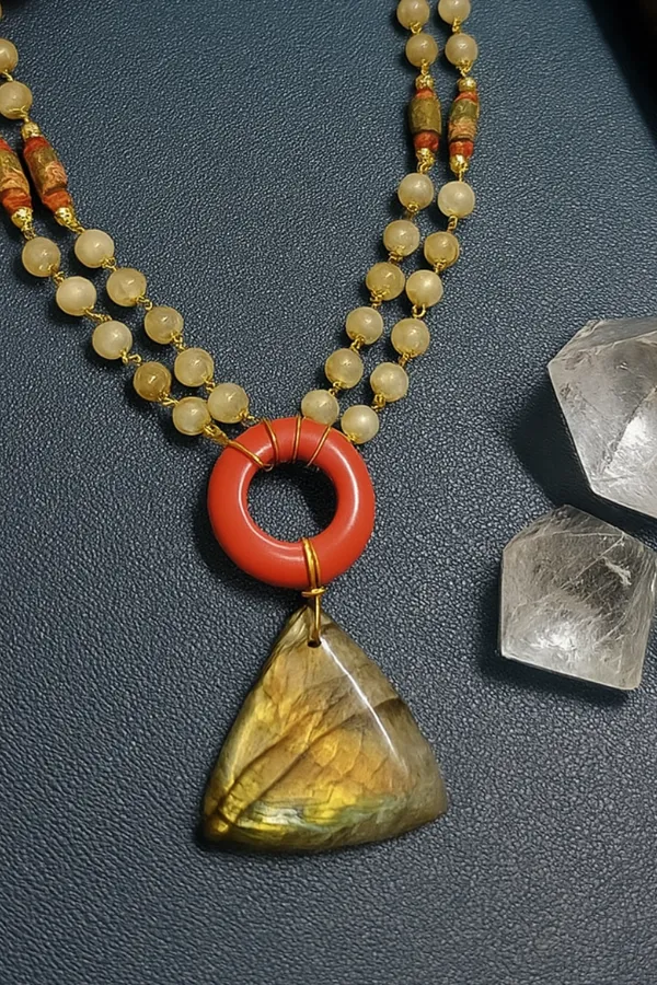 Handcrafted_Double_Strand_Gemstone_Necklace_With_Red_Donut_And_Labradorite_Pendant_|_Gemstone_Jewelry_For_Women_And_Girls