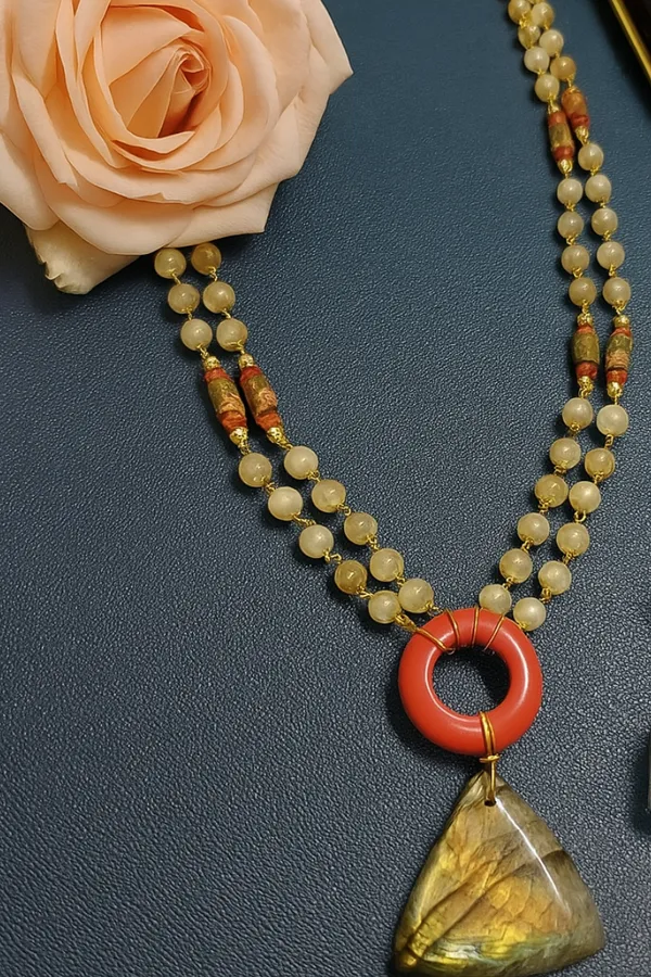 Handcrafted_Double_Strand_Gemstone_Necklace_With_Red_Donut_And_Labradorite_Pendant_|_Gemstone_Jewelry_For_Women_And_Girls