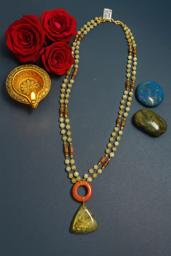 Handcrafted_Double_Strand_Gemstone_Necklace_With_Red_Donut_And_Labradorite_Pendant_|_Gemstone_Jewelry_For_Women_And_Girls