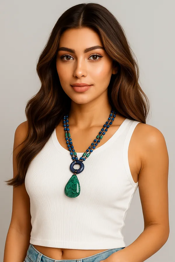 Lapis_Lazuli_And_Malachite_Double_Strand_Statement_Necklace_With_Green_Gemstone_Pendant_For_Women_And_Girls