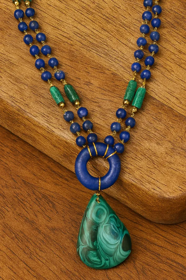 Lapis_Lazuli_And_Malachite_Double_Strand_Statement_Necklace_With_Green_Gemstone_Pendant_For_Women_And_Girls
