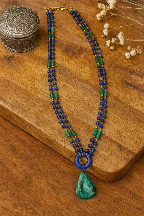 Lapis_Lazuli_And_Malachite_Double_Strand_Statement_Necklace_With_Green_Gemstone_Pendant_For_Women_And_Girls