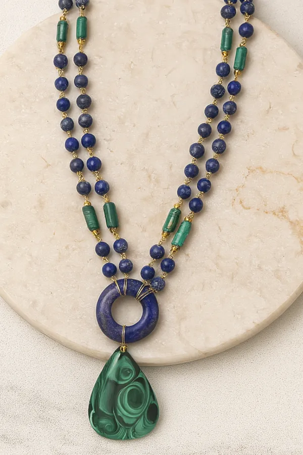 Lapis_Lazuli_And_Malachite_Double_Strand_Statement_Necklace_With_Green_Gemstone_Pendant_For_Women_And_Girls