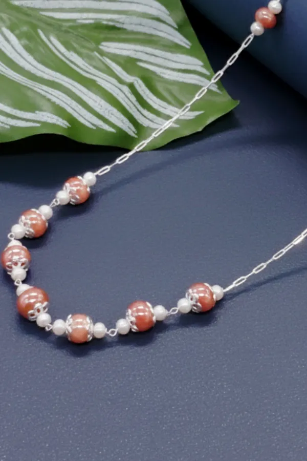 Peach_Moonstone_And_Pearl_Silver_Necklace_For_Women_And_Girls