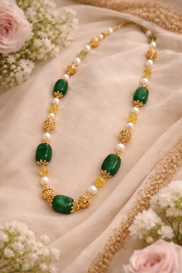 Premium_Green_Gemstone_Necklace_With_Pearls_And_Yellow_Beads