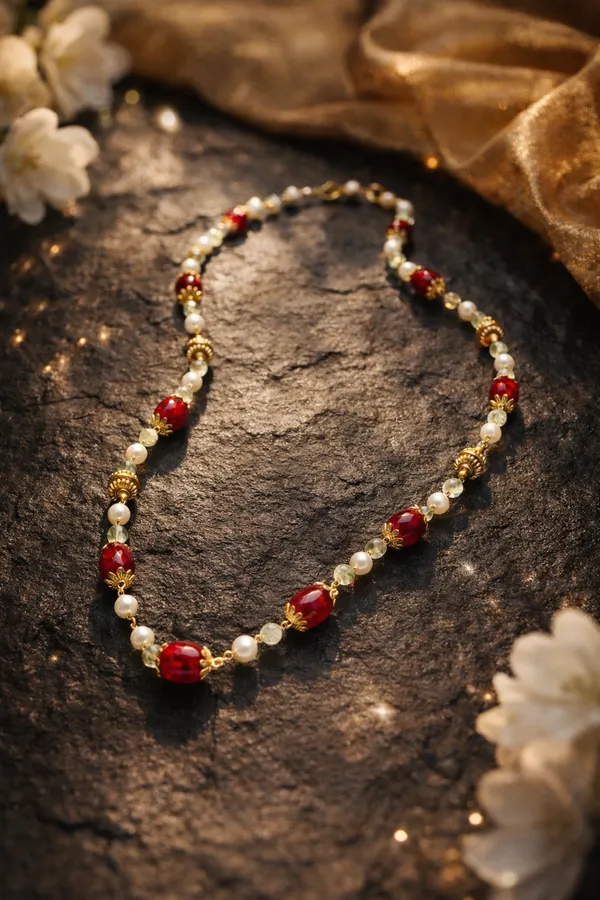 Festive_Ruby_Red_Stone_Necklace_With_Pearls_And_Antique_Gold_Beads