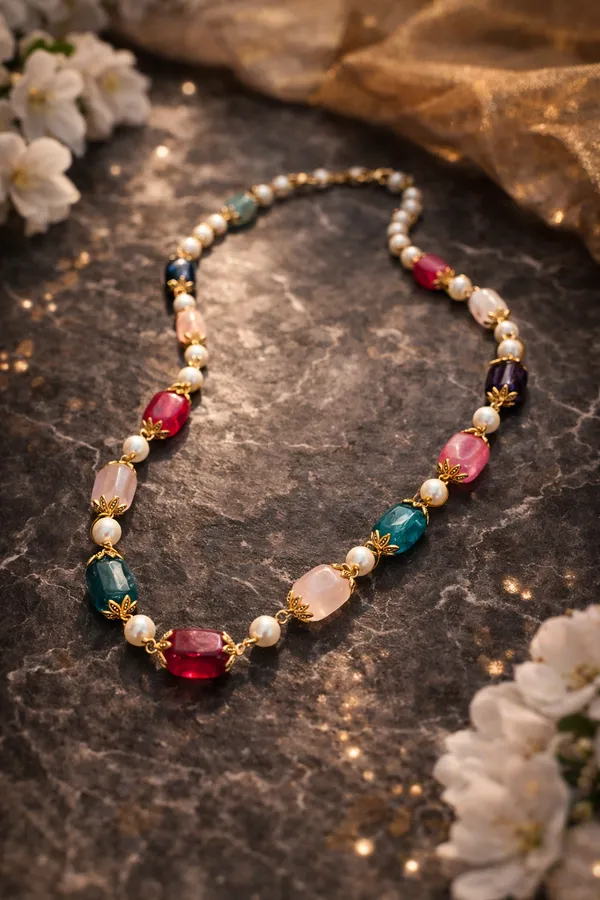 Handcrafted_Multicolor_Tumble_Gemstone_Necklace_With_Pearls