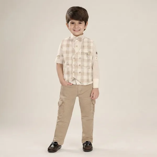Multicolor_Checkered_3-Piece_Formal_Outfit_Set_With_Waistcoat,_Shirt,_Bow_Tie_And_Cargo_Pants