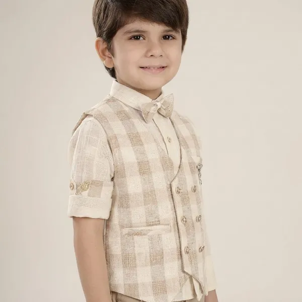 Multicolor_Checkered_3-Piece_Formal_Outfit_Set_With_Waistcoat,_Shirt,_Bow_Tie_And_Cargo_Pants
