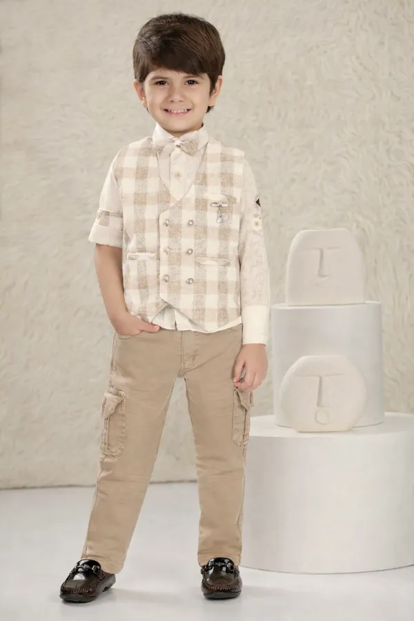 Multicolor_Checkered_3-Piece_Formal_Outfit_Set_With_Waistcoat,_Shirt,_Bow_Tie_And_Cargo_Pants