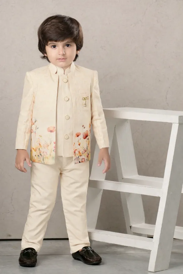 Light_Brown_Floral_Print_Nehru_Jacket_Set_With_Matching_Trousers_Traditional_Ethnic_Wear