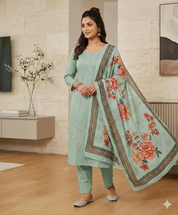 Sky_Blue_Embroidered_Kurta_With_Bottom_And_Floral_Printed_Dupatta