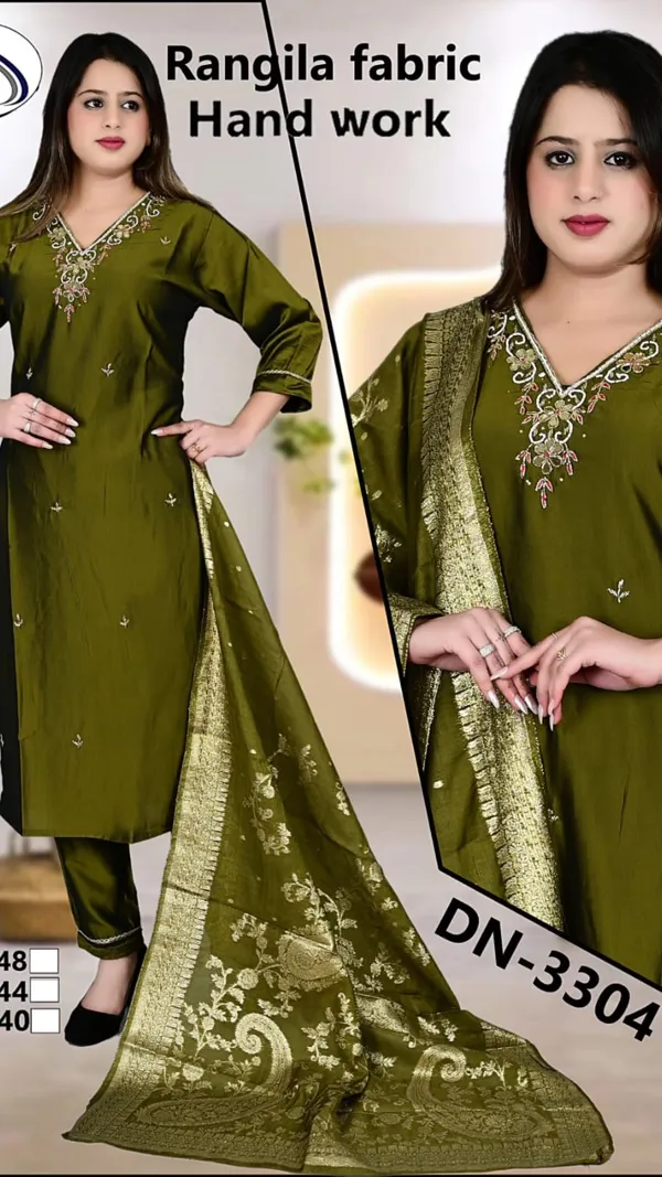 Olive_Green_Rangila_Fabric_Handwork_Suit_With_Embroidered_Dupatta