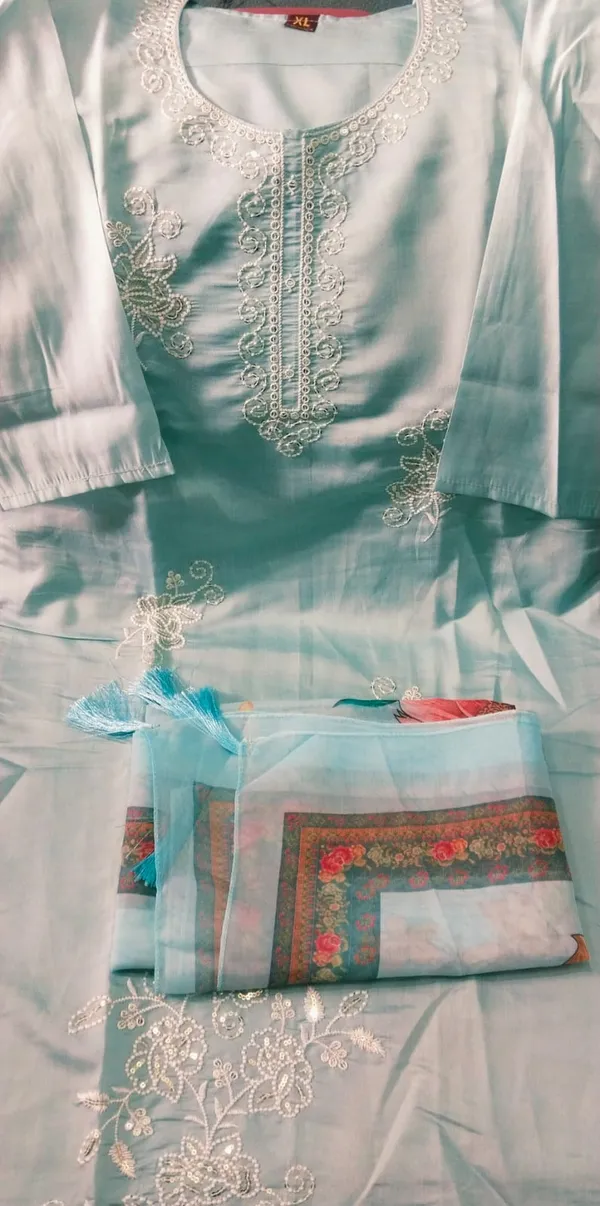 Sky_Blue_Embroidered_Kurta_With_Bottom_And_Floral_Printed_Dupatta