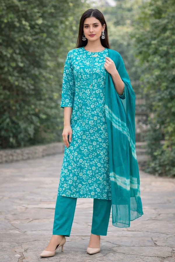 Turquoise_Floral_Print_Cotton_Kurta_Set_With_Dupatta