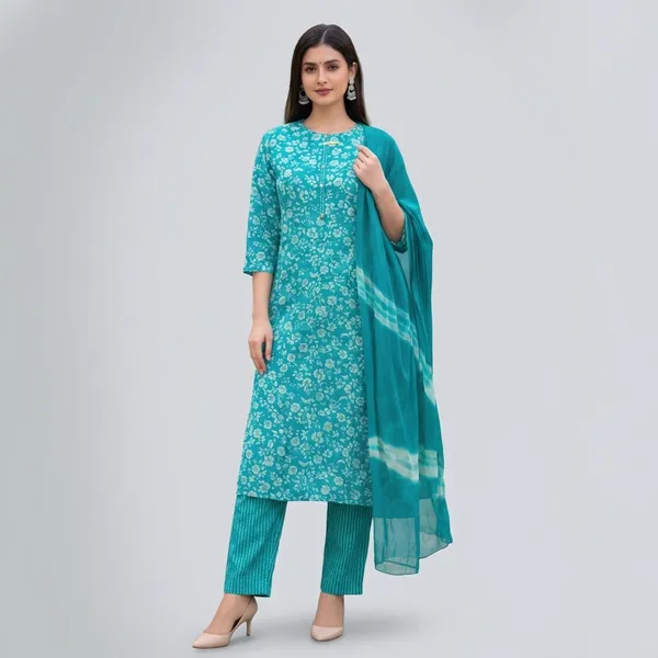 Turquoise_Floral_Print_Cotton_Kurta_Set_With_Dupatta