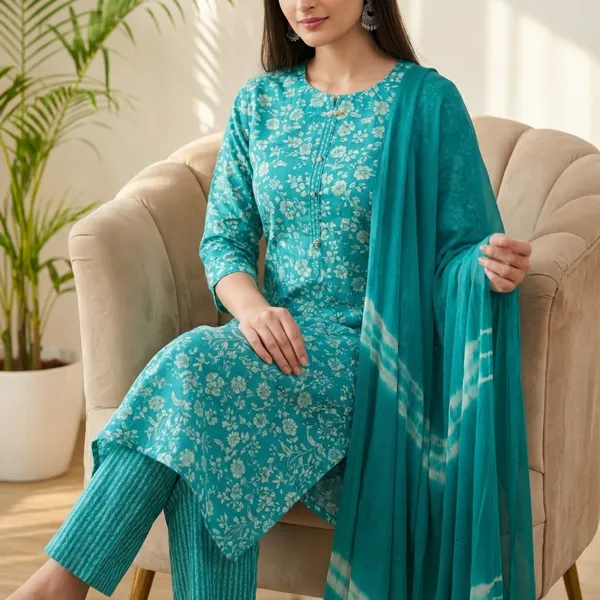 Turquoise_Floral_Print_Cotton_Kurta_Set_With_Dupatta