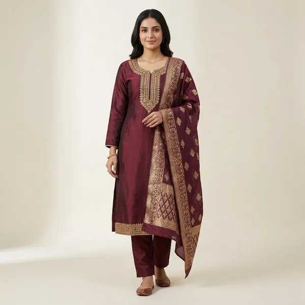 Maroon_Embroidered_Suit_Set_With_Banarasi_Dupatta