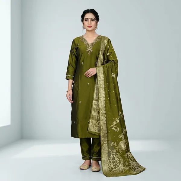 Olive_Green_Rangila_Fabric_Handwork_Suit_With_Embroidered_Dupatta