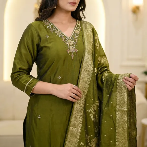 Olive_Green_Rangila_Fabric_Handwork_Suit_With_Embroidered_Dupatta