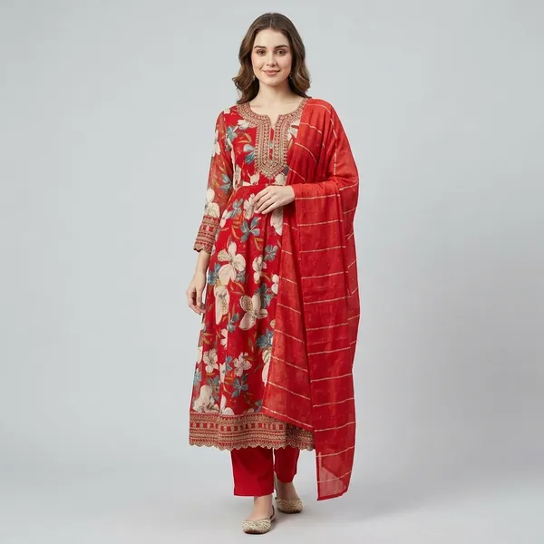 Red_Floral_Printed_Ethnic_Kurta_Set_With_Golden_Embroidered_Border_And_Dupatta