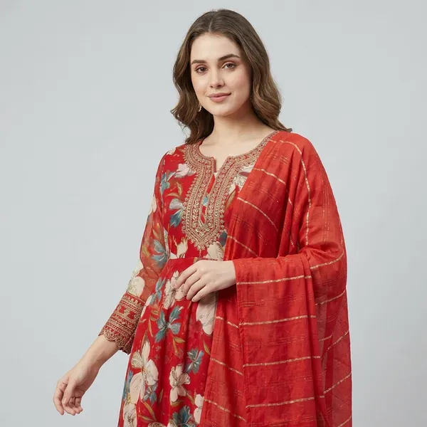 Red_Floral_Printed_Ethnic_Kurta_Set_With_Golden_Embroidered_Border_And_Dupatta