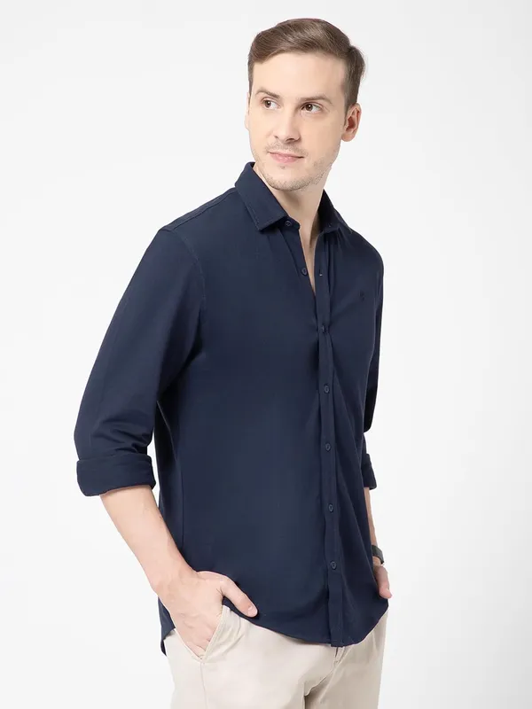 OXYZONE_Premium_Solid_Pique_Cotton_Navy_Shirt_for_Men,_Full_Sleeve,_Spread_Collar,_Slim_Fit_Textured_Mens_Formal_Shirt_for_Office,_Everyday_Wear,_Casual,_Soft_&_Breathable_Fabric