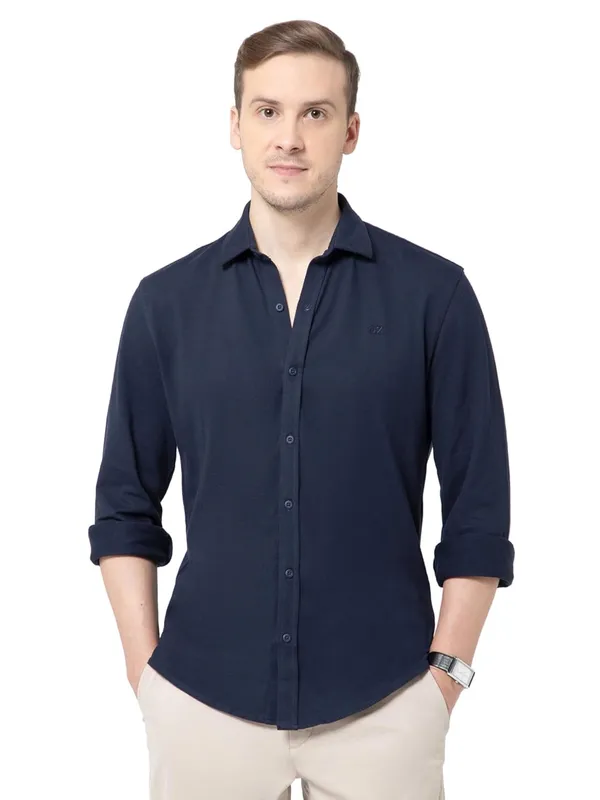 OXYZONE_Premium_Solid_Pique_Cotton_Navy_Shirt_for_Men,_Full_Sleeve,_Spread_Collar,_Slim_Fit_Textured_Mens_Formal_Shirt_for_Office,_Everyday_Wear,_Casual,_Soft_&_Breathable_Fabric
