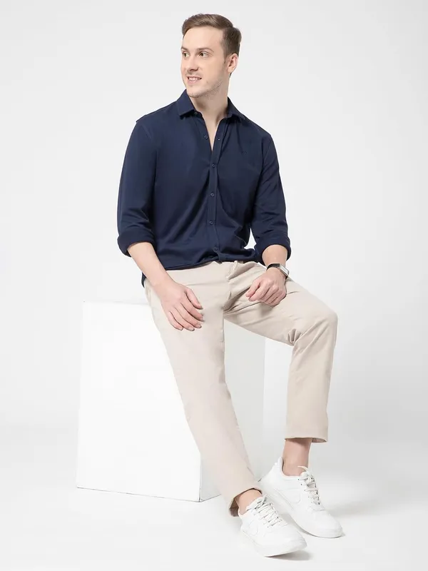 OXYZONE_Premium_Solid_Pique_Cotton_Navy_Shirt_for_Men,_Full_Sleeve,_Spread_Collar,_Slim_Fit_Textured_Mens_Formal_Shirt_for_Office,_Everyday_Wear,_Casual,_Soft_&_Breathable_Fabric