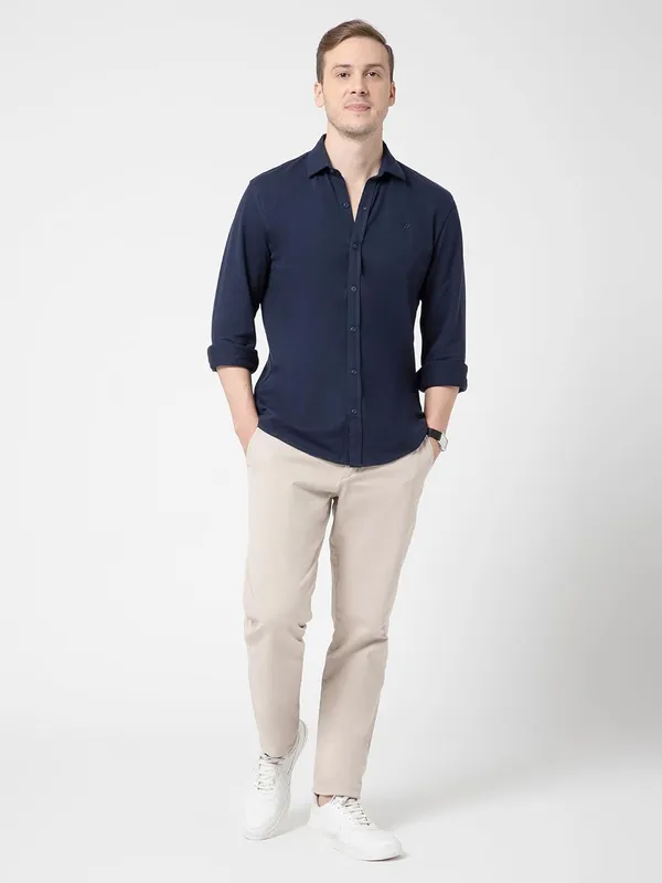 OXYZONE_Premium_Solid_Pique_Cotton_Navy_Shirt_for_Men,_Full_Sleeve,_Spread_Collar,_Slim_Fit_Textured_Mens_Formal_Shirt_for_Office,_Everyday_Wear,_Casual,_Soft_&_Breathable_Fabric