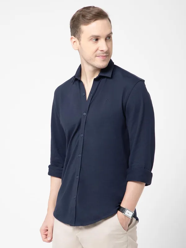 OXYZONE_Premium_Solid_Pique_Cotton_Navy_Shirt_for_Men,_Full_Sleeve,_Spread_Collar,_Slim_Fit_Textured_Mens_Formal_Shirt_for_Office,_Everyday_Wear,_Casual,_Soft_&_Breathable_Fabric