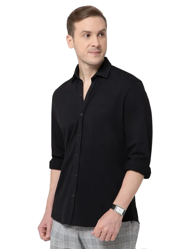 OXYZONE_Premium_Solid_Pique_Cotton_Black_Shirt_for_Men,_Full_Sleeve,_Spread_Collar,_Slim_Fit_Textured_Mens_Formal_Shirt_for_Office,_Everyday_Wear,_Casual,_Soft_&_Breathable_Fabric