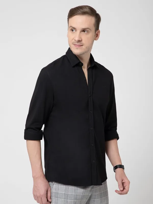 OXYZONE_Premium_Solid_Pique_Cotton_Black_Shirt_for_Men,_Full_Sleeve,_Spread_Collar,_Slim_Fit_Textured_Mens_Formal_Shirt_for_Office,_Everyday_Wear,_Casual,_Soft_&_Breathable_Fabric