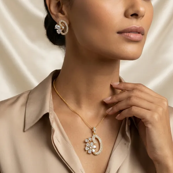 Gold_Alloy_Pendant_With_Stud_Earrings_Set_For_Women