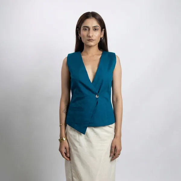 Nest_Prussian_Blue_Cotton_Waistcoat_For_Women