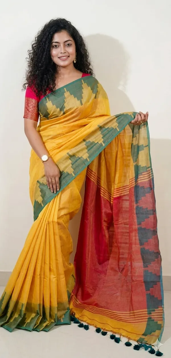 Cotton_Tissue_Temple_Border_Contrast_Palla_Yellow