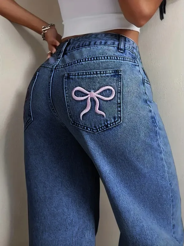 Bata_Blue_High_Waist_Wide_Leg_Denim_Jeans_With_Bow_Embroidery_For_Women