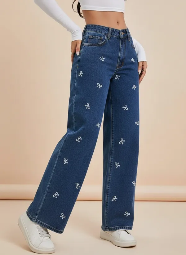 Navy_Blue_High_Waist_Wide_Leg_Denim_Jeans_With_Bow_Embroidery_For_Women
