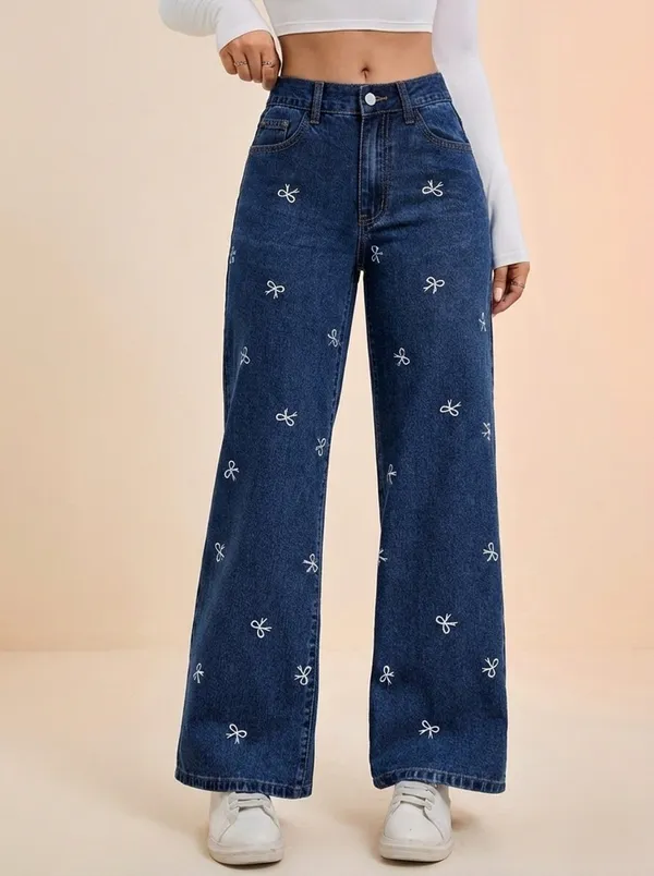 Navy_Blue_High_Waist_Wide_Leg_Denim_Jeans_With_Bow_Embroidery_For_Women