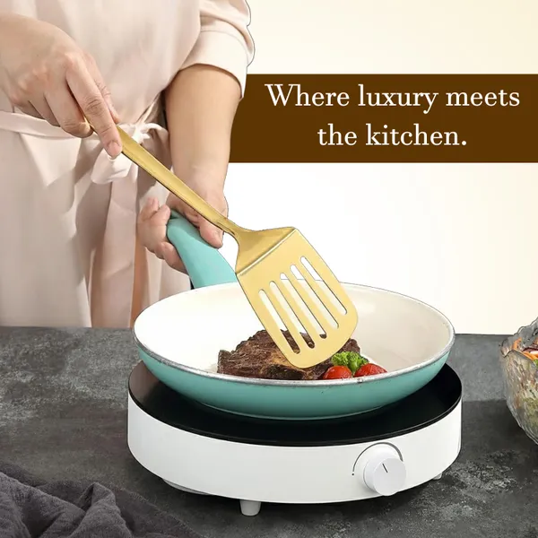 GHARKICHAMAK_Stainless_Steel_Slotted_Turner_with_Oil_Drain_Holes_&_Hanging_Loop_(Gold)_Non-Stick_Spatula
